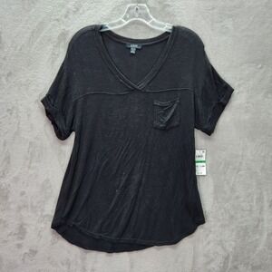 Alfani Intimates Womens Medium Black Ribbed Short Sleeve V Neck Pocket T Shirt